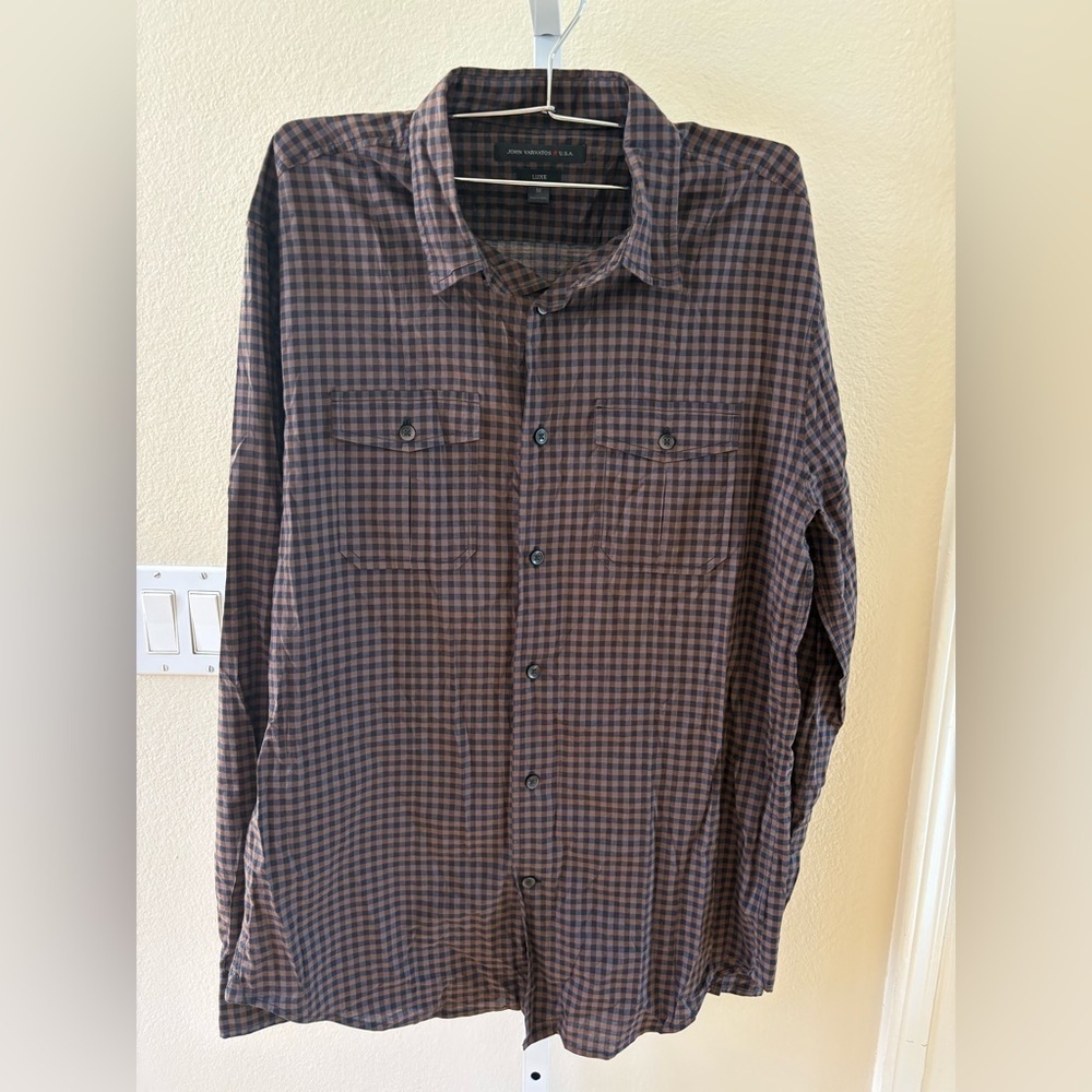 John Varvatos USA Luxe Checkered Cotton Button-down Shirt in Brown Black- Size M